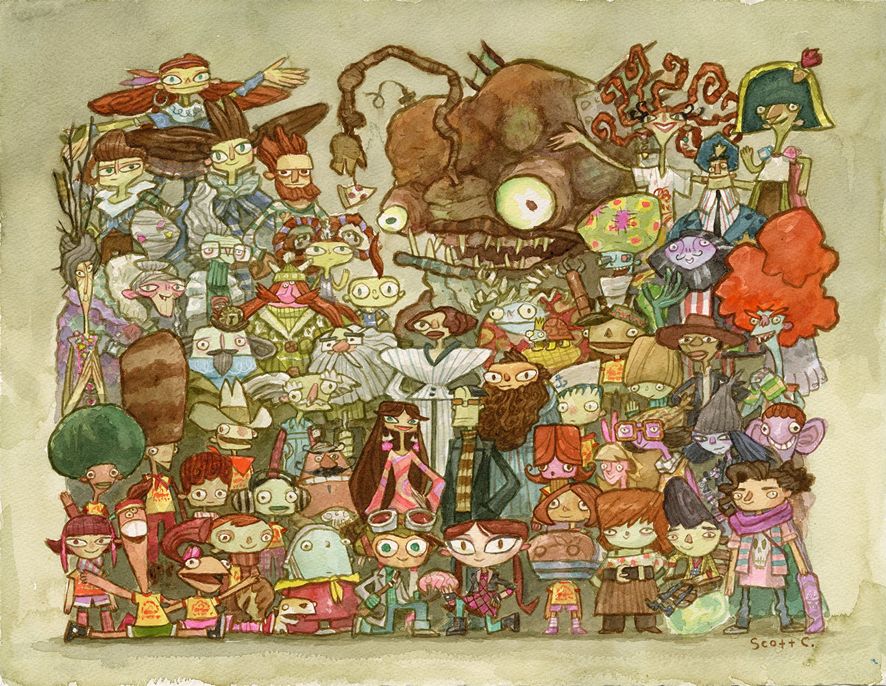A whimsical Scott C. watercolor features quirky, cartoon-style humans, monsters, and Psychonauts-inspired creatures with exaggerated features, posing for a vibrant group photo—showcasing the unique style of the Scott C. brand.