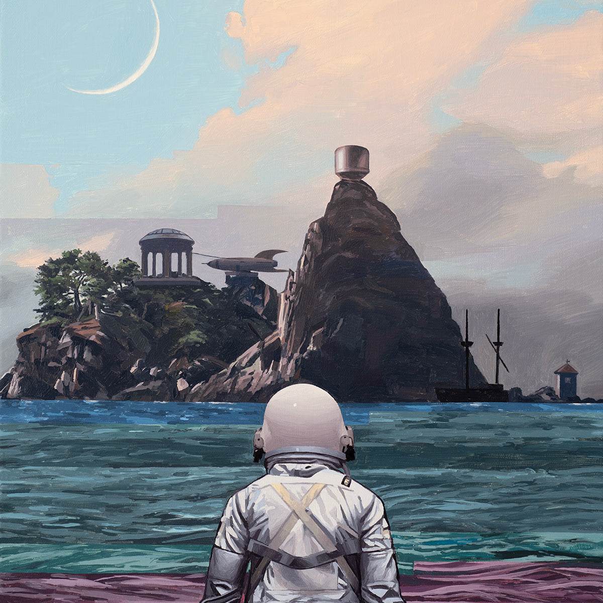 A person in a white spacesuit stands on a pink shore facing a blue sea with rocky islands, ancient temple-like structures, and a crescent moon—a surreal scene by Scott Listfield.