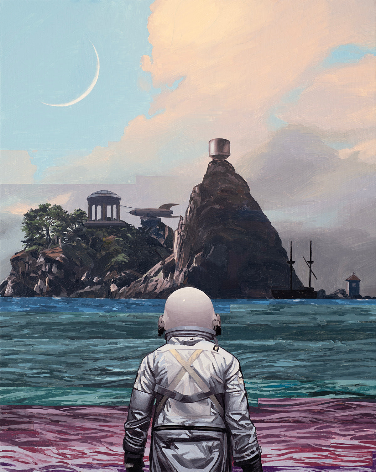 A person in a white spacesuit stands on a pink shore facing a blue sea with rocky islands, ancient temple-like structures, and a crescent moon—a surreal scene by Scott Listfield.