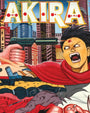 A stylized manga Akira illustration from Deadly Prey shows an angry, bleeding character with a gun in a chaotic futuristic city. The dynamic print is on durable 100lb card stock, featuring the title AKIRA at the top.