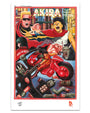 A vibrant Deadly Prey digital print in retro video game style, inspired by Akira, shows intense characters, a red motorcycle, city buildings, monsters, and a character with a "Good for Health!" capsule on sturdy 100lb card stock.