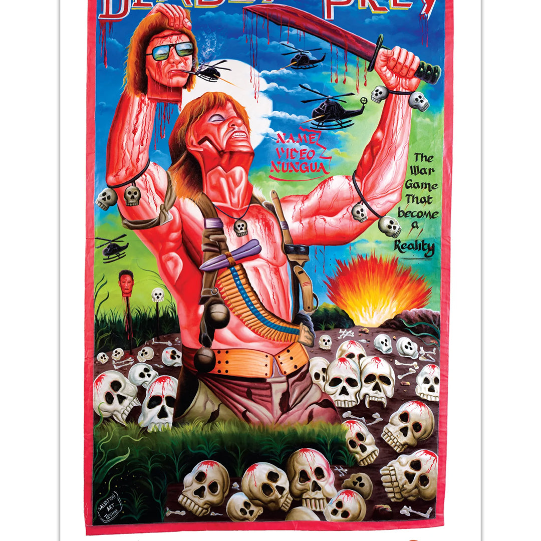A muscular warrior grips a bloody machete and severed head amid skulls, with explosions, soldiers, and helicopters behind him. This Deadly Prey digital print comes on premium 100lb card stock.