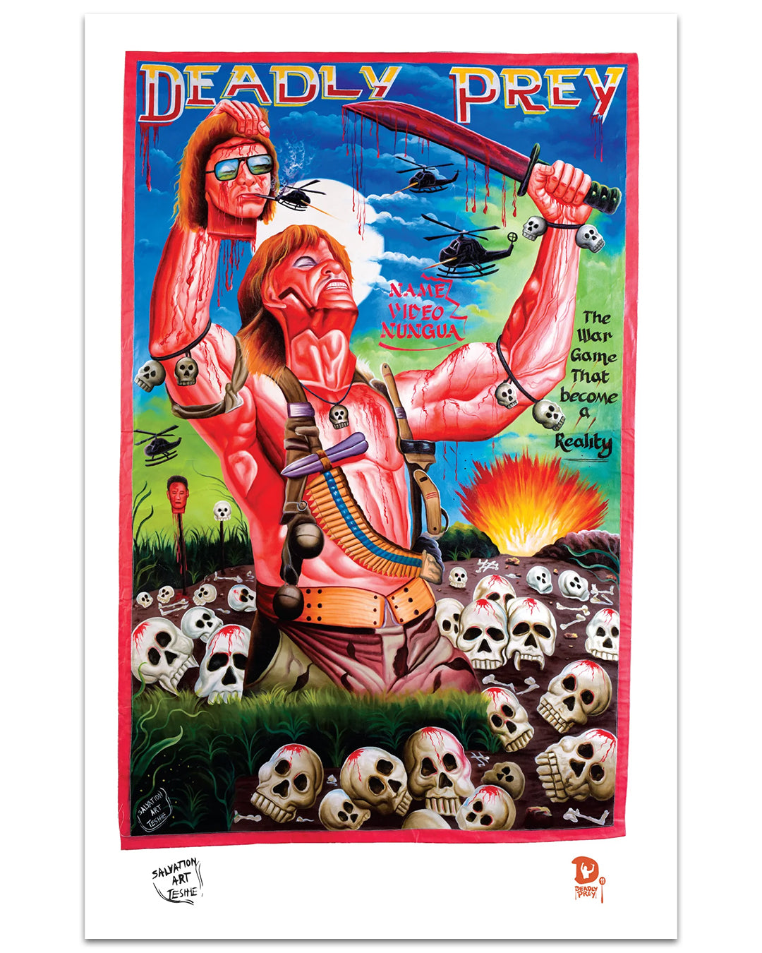 A muscular warrior grips a bloody machete and severed head amid skulls, with explosions, soldiers, and helicopters behind him. This Deadly Prey digital print comes on premium 100lb card stock.
