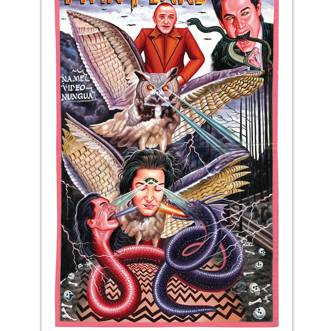 Deadly Prey’s Twin Peaks art print features a red-suited man, owls, snakes, eye lasers, and geometric patterns—blending vivid colors and surreal elements with iconic characters and symbolic creatures in a dynamic scene.