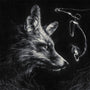 A detailed black-and-white drawing from Spoke Art shows a fox's head in profile, inspired by Sam Wolfe Connelly, gazing at a glowing fishhook and lure in the dark above wispy grass.