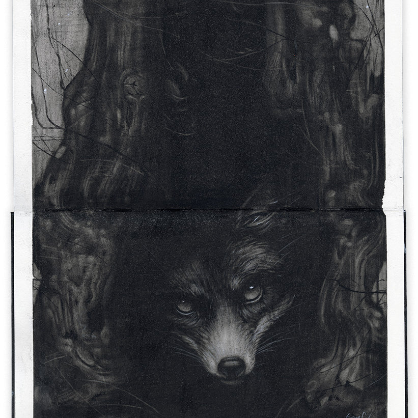 illustration in an open face Moleskine notebook depicting a wolf animal emerging from a tree trunk by artist Sam Wolfe Connelly