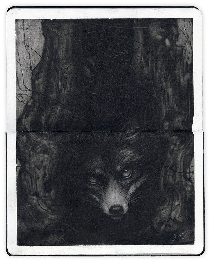 illustration in an open face Moleskine notebook depicting a wolf animal emerging from a tree trunk by artist Sam Wolfe Connelly