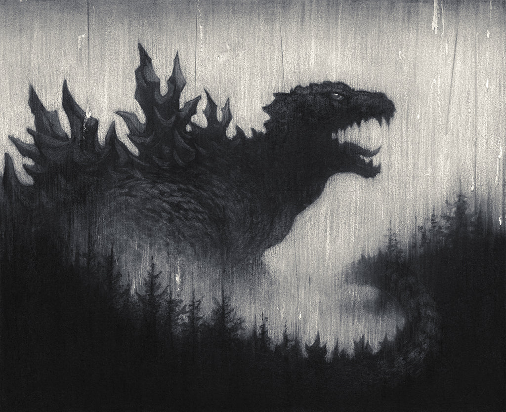 Black and white painting of Godzilla coming out of a forest of trees on a white background