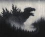 Black and white painting of Godzilla coming out of a forest of trees on a white background