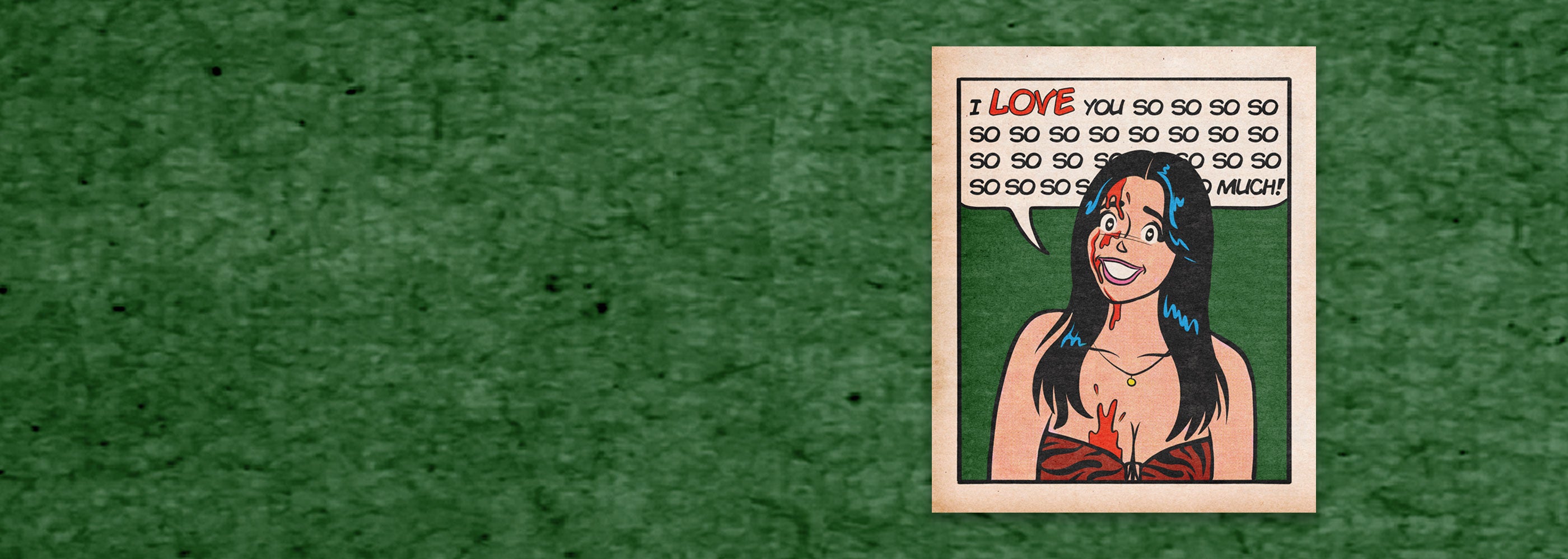 Cartoon-style illustration of a woman with a speech bubble on a green textured background