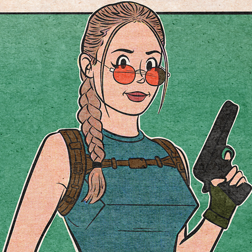 A cartoon woman inspired by Biblically Accurate Lara Croft—braided hair, red round glasses, blue tank top, brown straps—holds a black pistol on a green background. From the brand "This Is Fun, Isn't It.