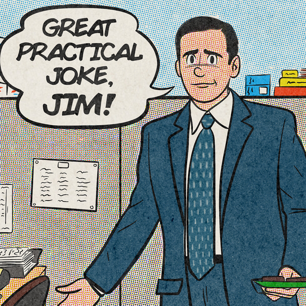 A man in a suit stands in an office cubicle, holding a green item, with a speech bubble saying "Great practical joke, Jim!" in this comic-book style archival pigment print by This Is Fun, Isn't It.