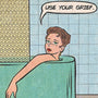 A person sits in a bathtub, glancing back with a sad face. A speech bubble says "USE YOUR GRIEF." Patterned tiles and a quirky shower curtain evoke Wes Anderson vibes. Art print by This Is Fun, Isn't It.