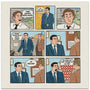 A comic strip styled as an archival pigment print by This Is Fun, Isn't It shows Jim telling Michael Toby works here again. Michael is shocked as he and another man greet him. Michael screams "No!" at a wall of red Os, echoing Paragon Press humor.