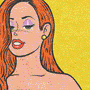 Cartoon woman with red hair against a yellow background, gif includes version with small bow tie chocker neckless and without