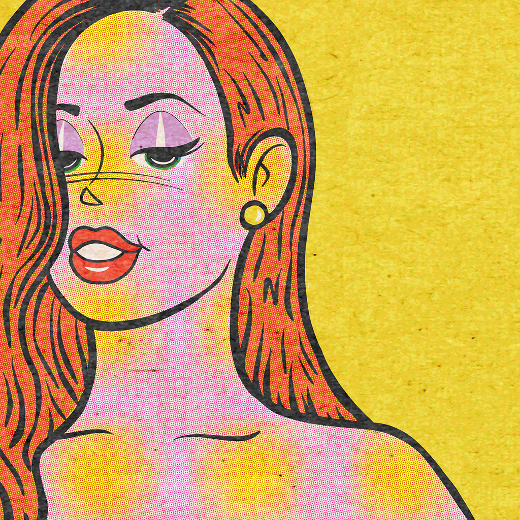 Cartoon woman with red hair against a yellow background, gif includes version with small bow tie chocker neckless and without