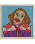 A 12 x 12 art print by This Is Fun, Isnt It featuring a smiling person with shoulder-length brown hair, green glasses, bold makeup, and a butterfly pin on a purple and pink shirt against a blue background.