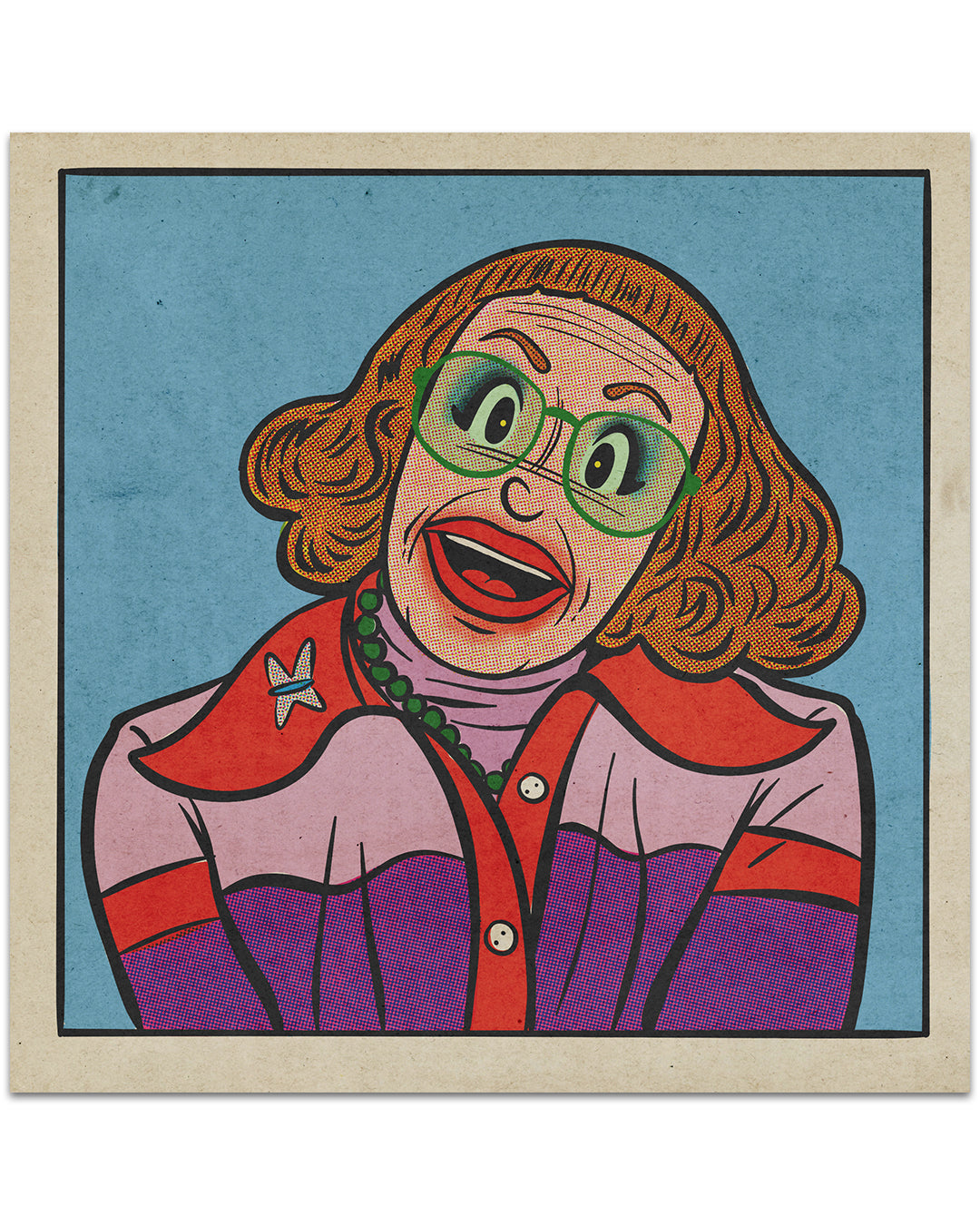 A 12 x 12 art print by This Is Fun, Isnt It featuring a smiling person with shoulder-length brown hair, green glasses, bold makeup, and a butterfly pin on a purple and pink shirt against a blue background.