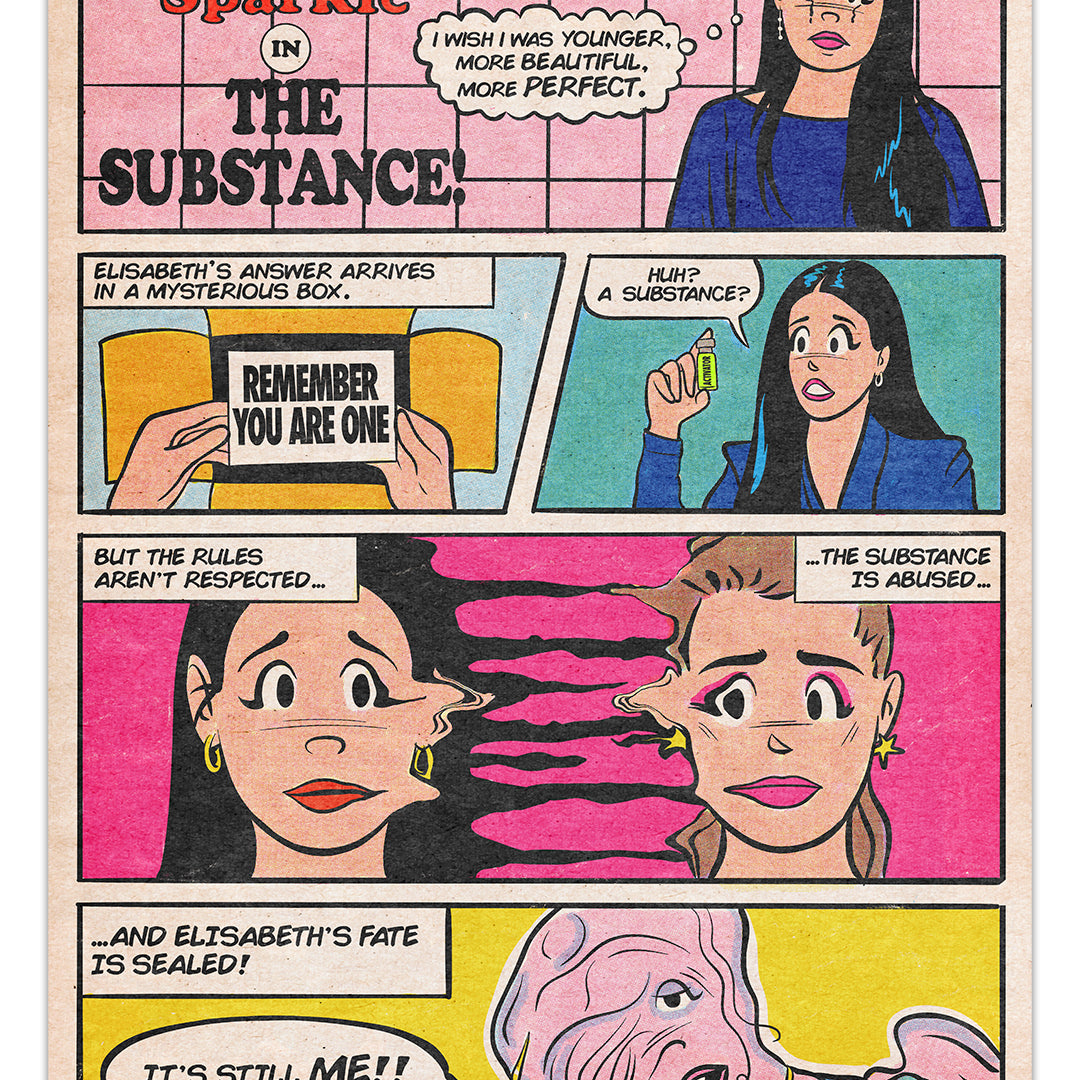 Elisabeth Sparkle in The Substance is a vintage comic strip by This Is Fun, Isnt It, presented as an archival pigment print. A woman seeks youth with a vial labeled Remember You Are One. Her face distorts, but she insists, Its still me!! despite her fate being sealed.