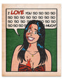 Comic-style print by Sarah Sumeray for This Is Fun, Isn't It: A smiling woman in a red dress with a gold necklace, red liquid on her face and chest, says "I LOVE you so so so much!" on green. Archival pigment print.