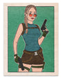 A woman with a braid, inspired by Biblically Accurate Lara Croft, wearing red-tinted glasses, blue tank top, brown shorts, and gloves, holds two pistols confidently against green in this archival pigment print by This Is Fun, Isn't It.