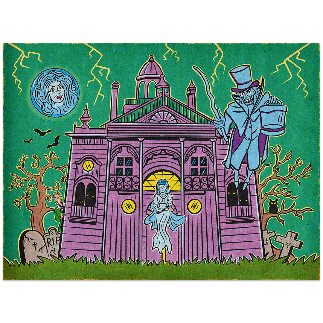 Cartoon-style illustration of a haunted house with characters and a green background