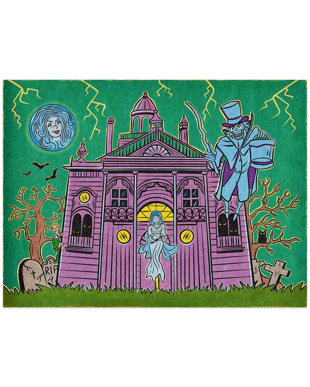 Cartoon-style illustration of a haunted house with characters and a green background