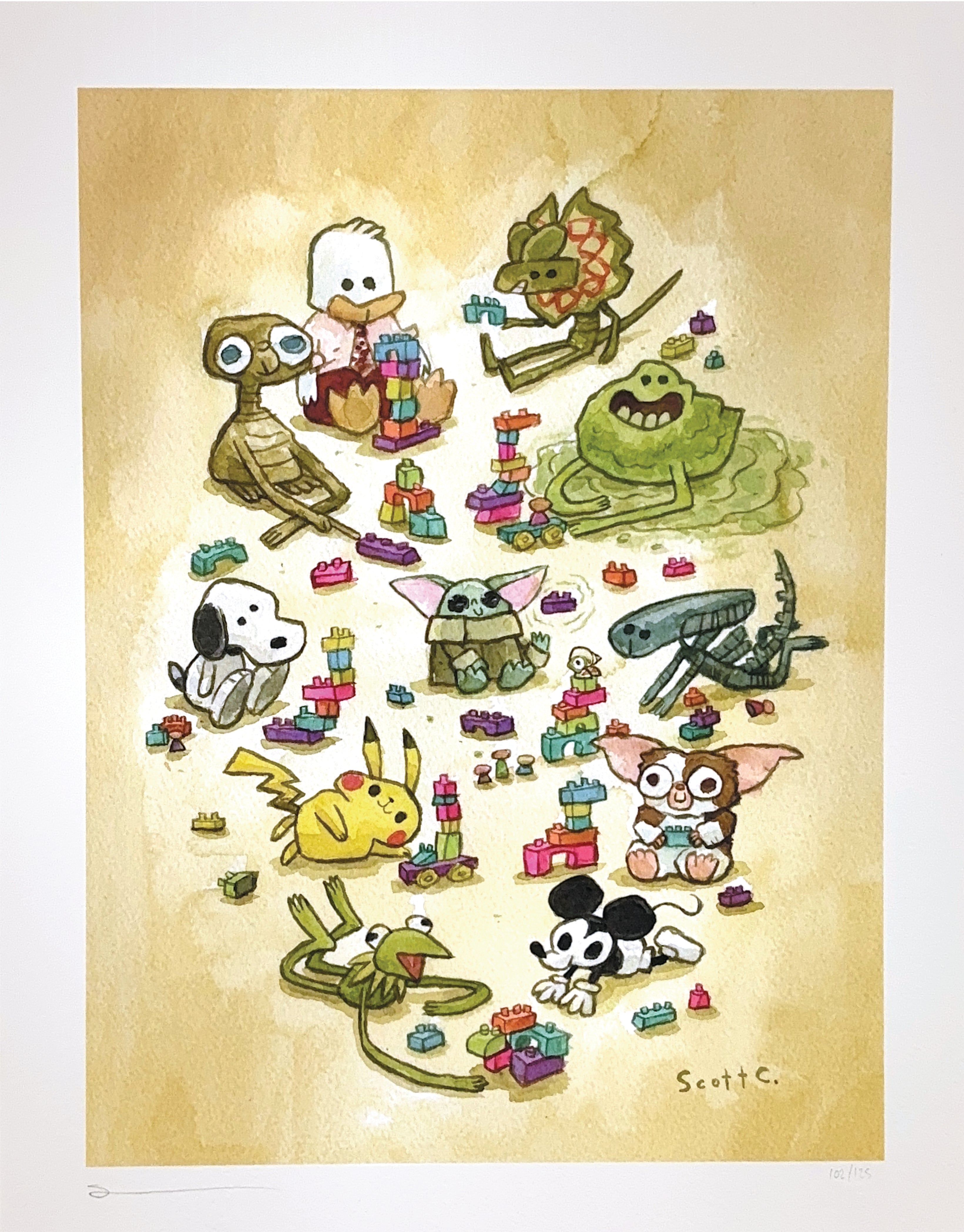A group of cute cartoon animals and pop culture creatures build colorful block towers on a tan background. This playful scene by Scott C. is available as a signed, numbered Archival Pigment Print.