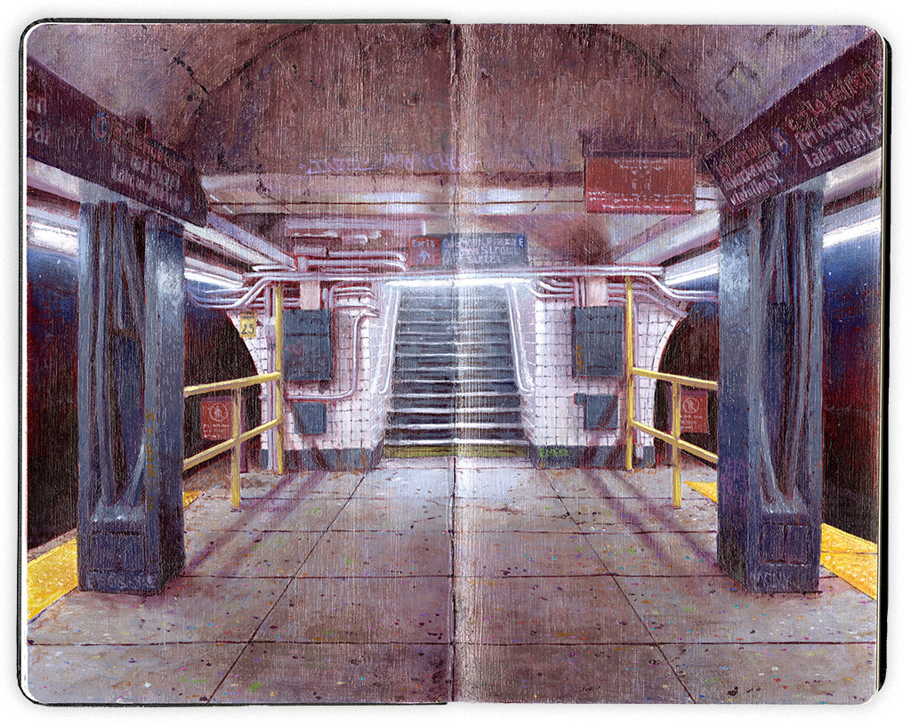 painting in an open face Moleskine notebook of an empty new york city subway platform exit and the staircase by artist Taylor Schultek