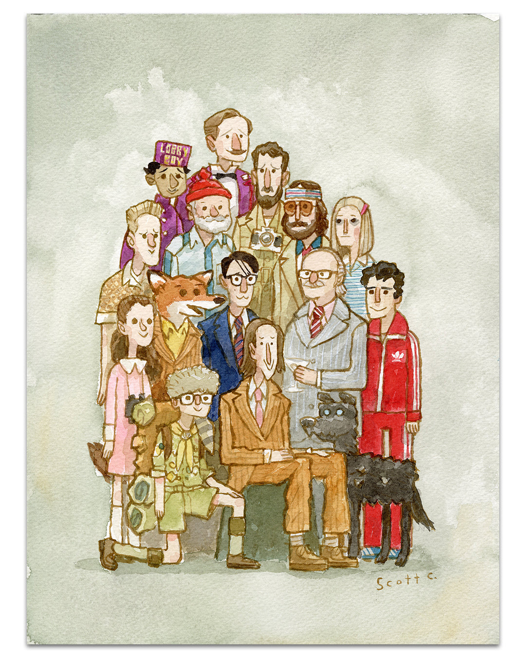 A whimsical archival pigment print by Scott C. features fourteen quirky characters, like a fox in a suit and a black dog, all in playful costumes and glasses. Available as a limited edition group portrait.