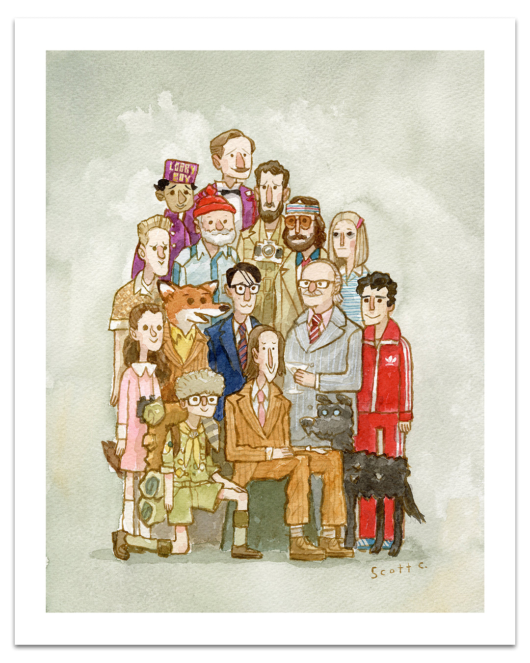 A limited edition archival pigment print by Scott C. features fourteen people and two animals in quirky, colorful outfits, smiling together in a group portrait against a pale background.