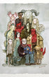 Scott C.’s limited edition watercolor, "Gathering Around Guillermo," features eleven whimsical fantasy characters—including a red demon and a man with a cat—posing together in this unique group portrait.