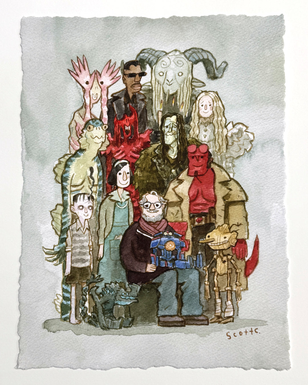 Scott C.’s limited edition watercolor, "Gathering Around Guillermo," features eleven whimsical fantasy characters—including a red demon and a man with a cat—posing together in this unique group portrait.