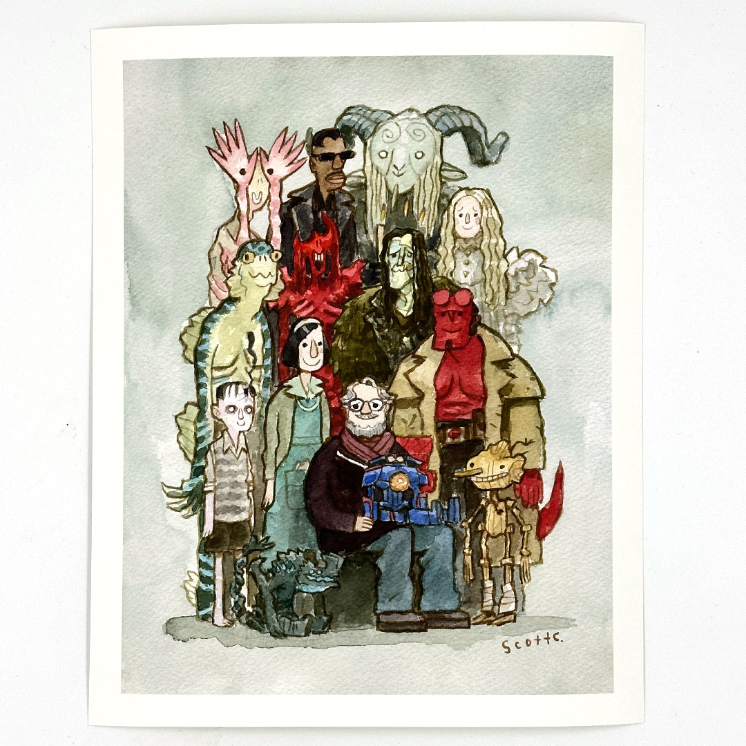 Scott C.’s “Gathering Around Guillermo” is a whimsical watercolor illustration print depicting Guillermo del Toro with a red demon, amphibian man, and faun—an ideal limited edition art collectible.
