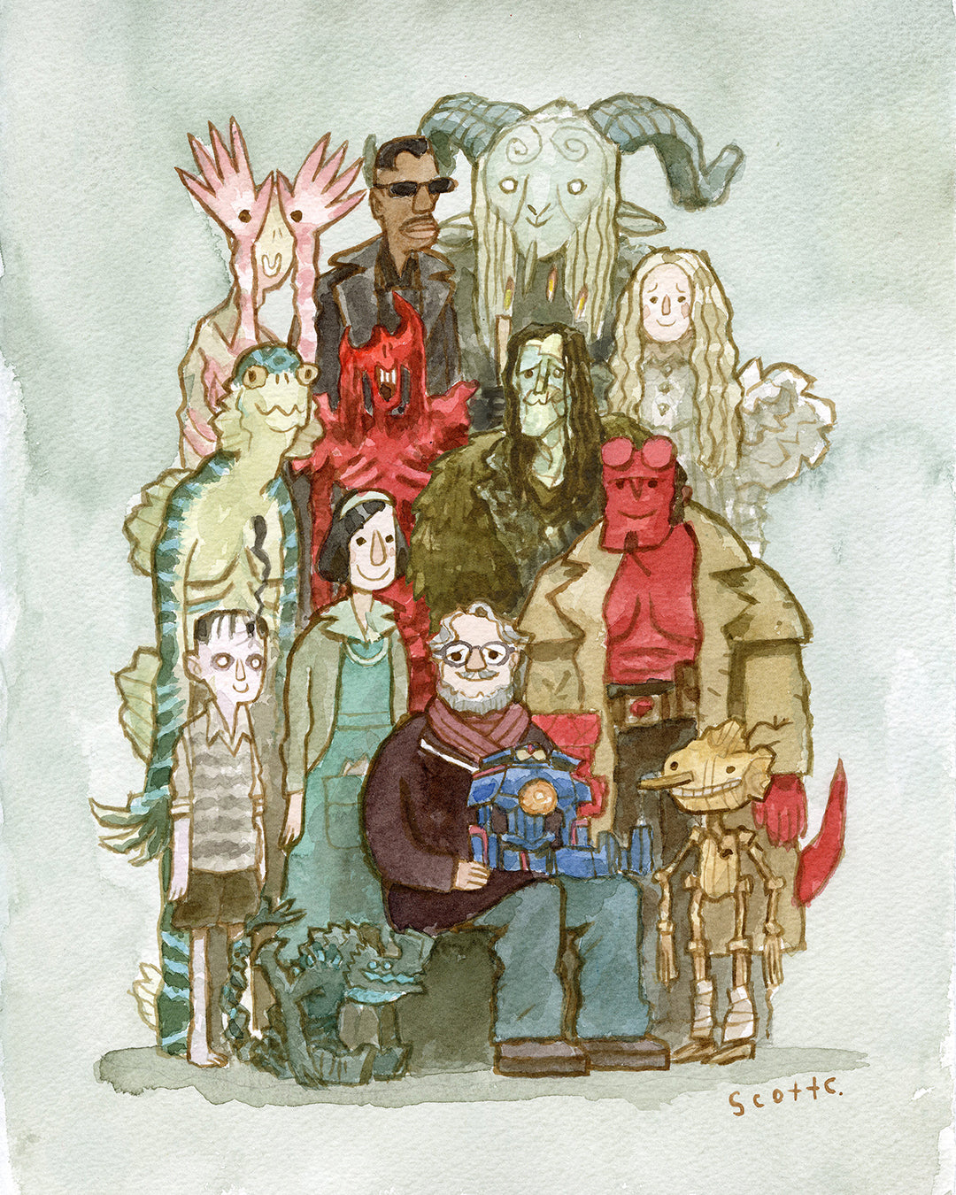 A whimsical Scott C. watercolor print features fantasy and monster characters—horned, gilled, and more—encircling a seated figure with a blue character. Available as a limited edition print.
