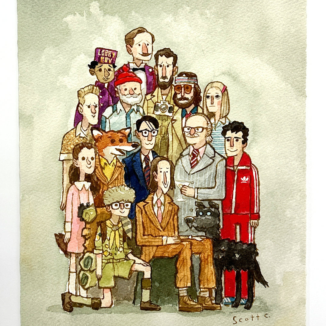 A whimsical archival pigment print by Scott C. features fourteen quirky characters, like a fox in a suit and a black dog, all in playful costumes and glasses. Available as a limited edition group portrait.