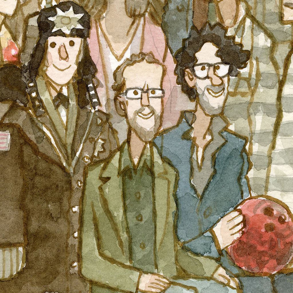 A watercolor illustration by Scott C. shows three smiling men, including a sheriff in uniform behind two friends—one with a red bowling ball. This limited edition artwork is ideal for collectors and fans of Scott C.