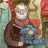 A limited edition Scott C. watercolor from the Gathering Around Guillermo series shows an older man with glasses, white hair, and a beard, wearing a scarf and holding a blue toy train, set against a backdrop of partially visible figures.