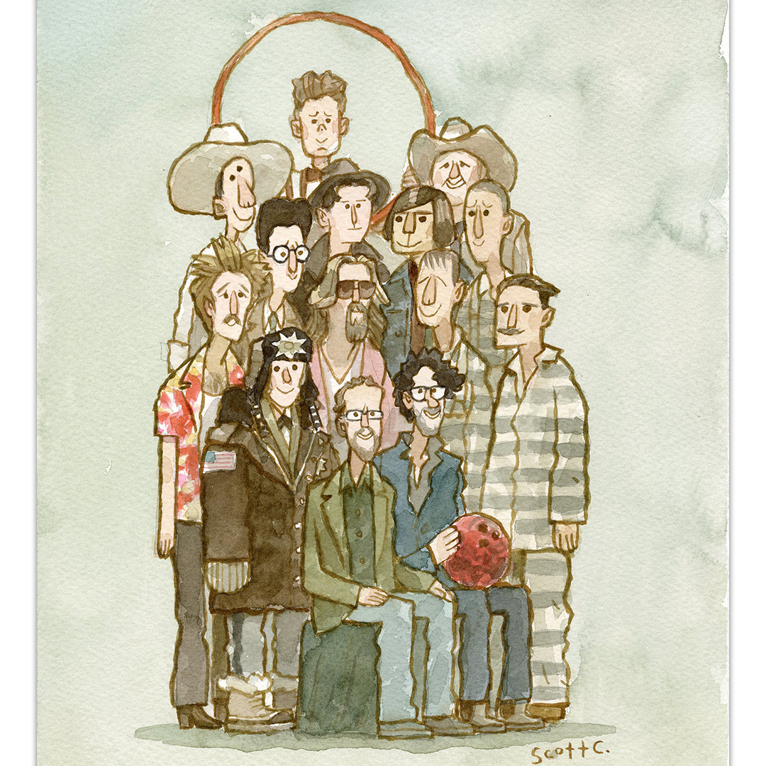 A limited edition archival pigment print by Scott C., featuring thirteen quirky characters in cowboy hats, sunglasses, a floral shirt, striped prison uniform, and one with a red ball.