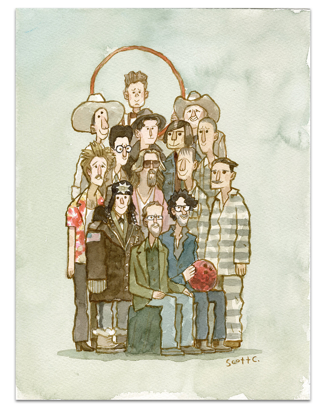 A limited edition archival pigment print by Scott C., featuring thirteen quirky characters in cowboy hats, sunglasses, a floral shirt, striped prison uniform, and one with a red ball.