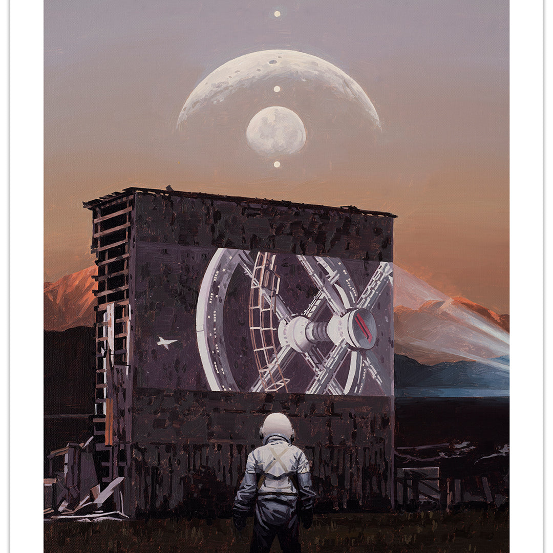 A spacesuited figure stands before a worn screen displaying a space station, with mountains and aligned celestial bodies in the twilight sky. Get this iconic signed art print by Scott Listfield.