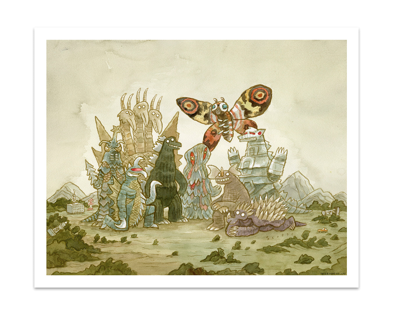 Print of Godzilla and several other monsters standing in a group on a grassy field with mountains in the background