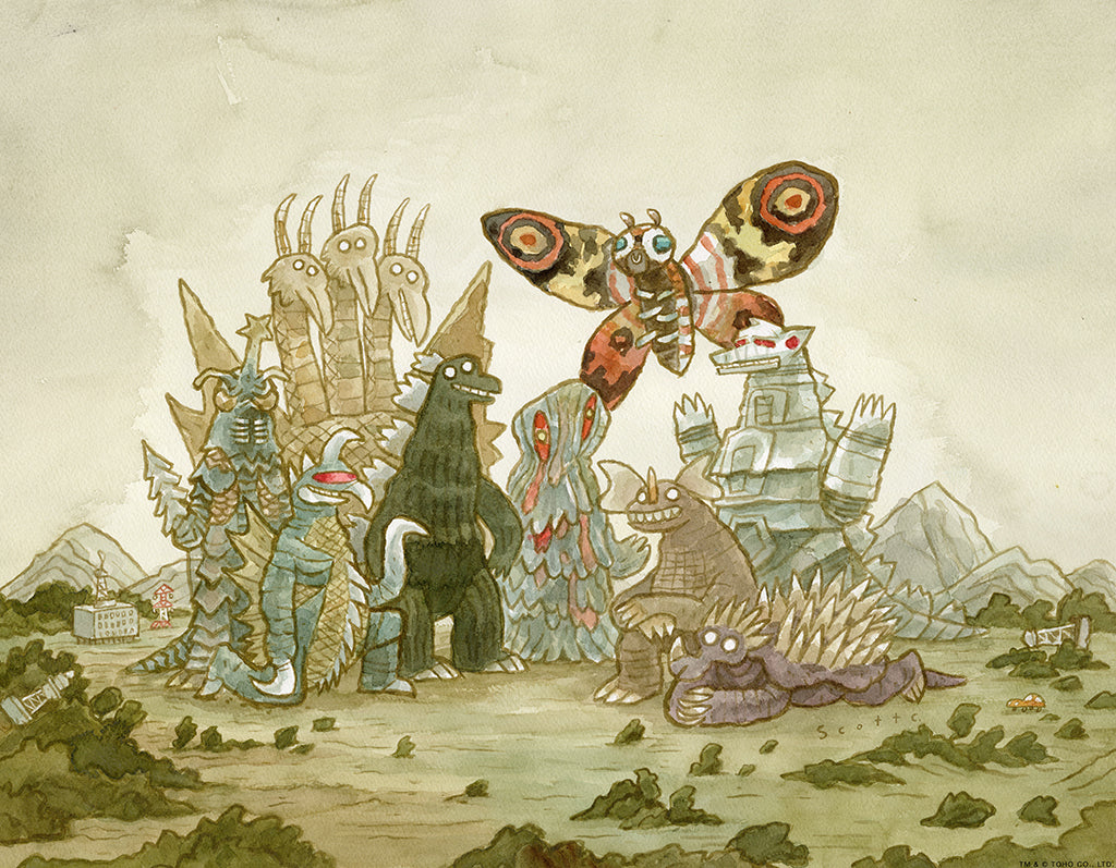 Painting of a group of various monsters standing together on a grassy mountain background