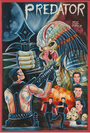 Colorful illustrated movie poster, in Deadly Prey’s oil and enamel style, features a fanged alien battling armed humans amid skulls, fire, planets, and running figures. "PREDATOR" is displayed at the top.