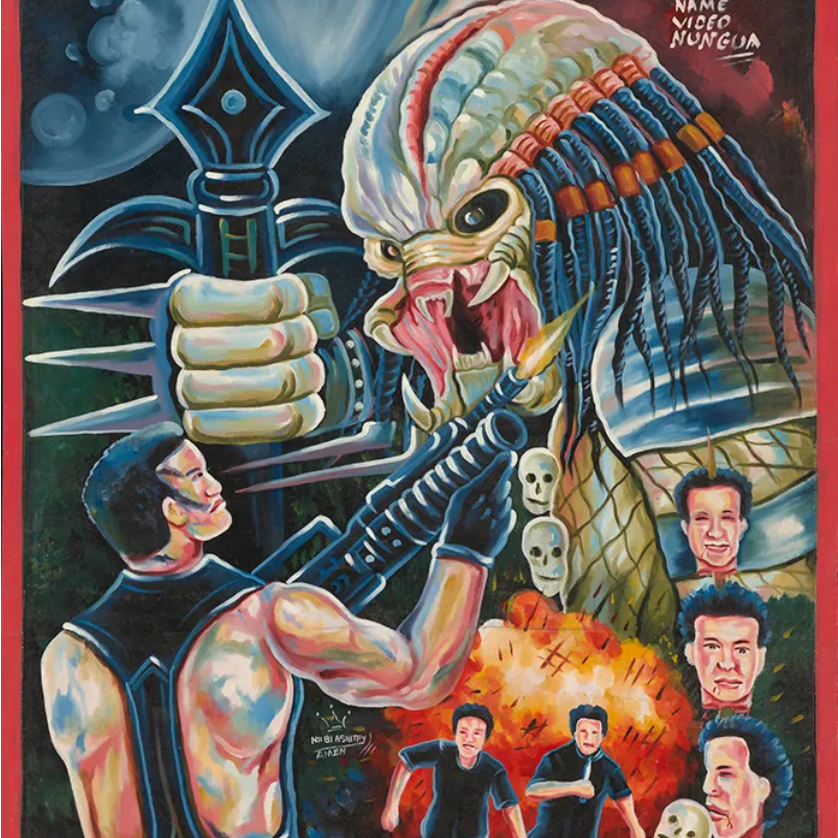 Colorful illustrated movie poster, in Deadly Prey’s oil and enamel style, features a fanged alien battling armed humans amid skulls, fire, planets, and running figures. "PREDATOR" is displayed at the top.