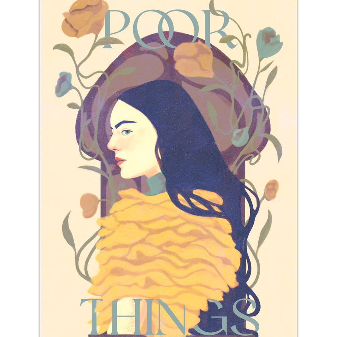 Stylized illustration by Nan Lawson of a woman with long dark hair, pale skin, and red lips in a yellow ruffled garment. Surrounded by floral motifs and "POOR THINGS" text. Archival pigment print for Spoke Art 15th Anniversary.