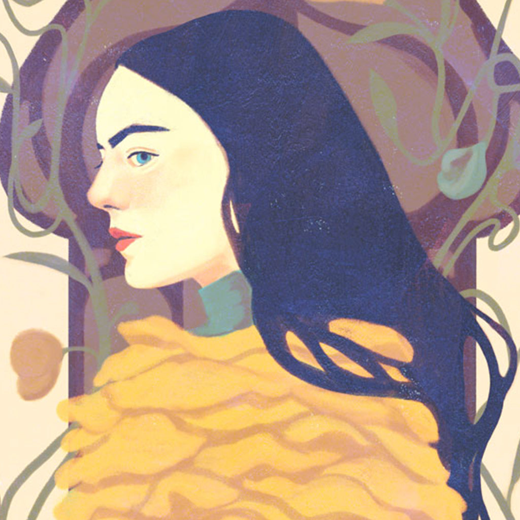 This archival pigment print by Nan Lawson features a stylized woman with long dark hair, blue eyes, and a calm expression in a textured yellow garment, surrounded by abstract green vines on a muted background.