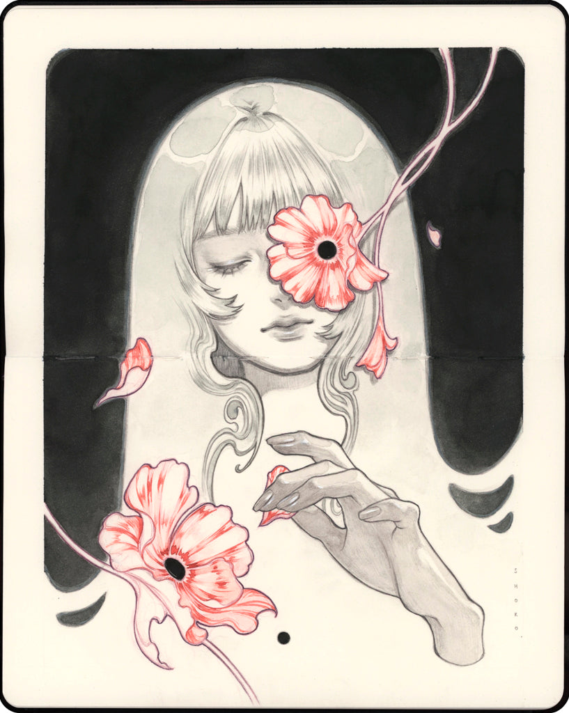 Artwork of a woman with long hair against a black background extending a hand to pluck a petal from a flower, with another flower obscuring her face by on a Moleskine notebook by artist Shoko Ishida