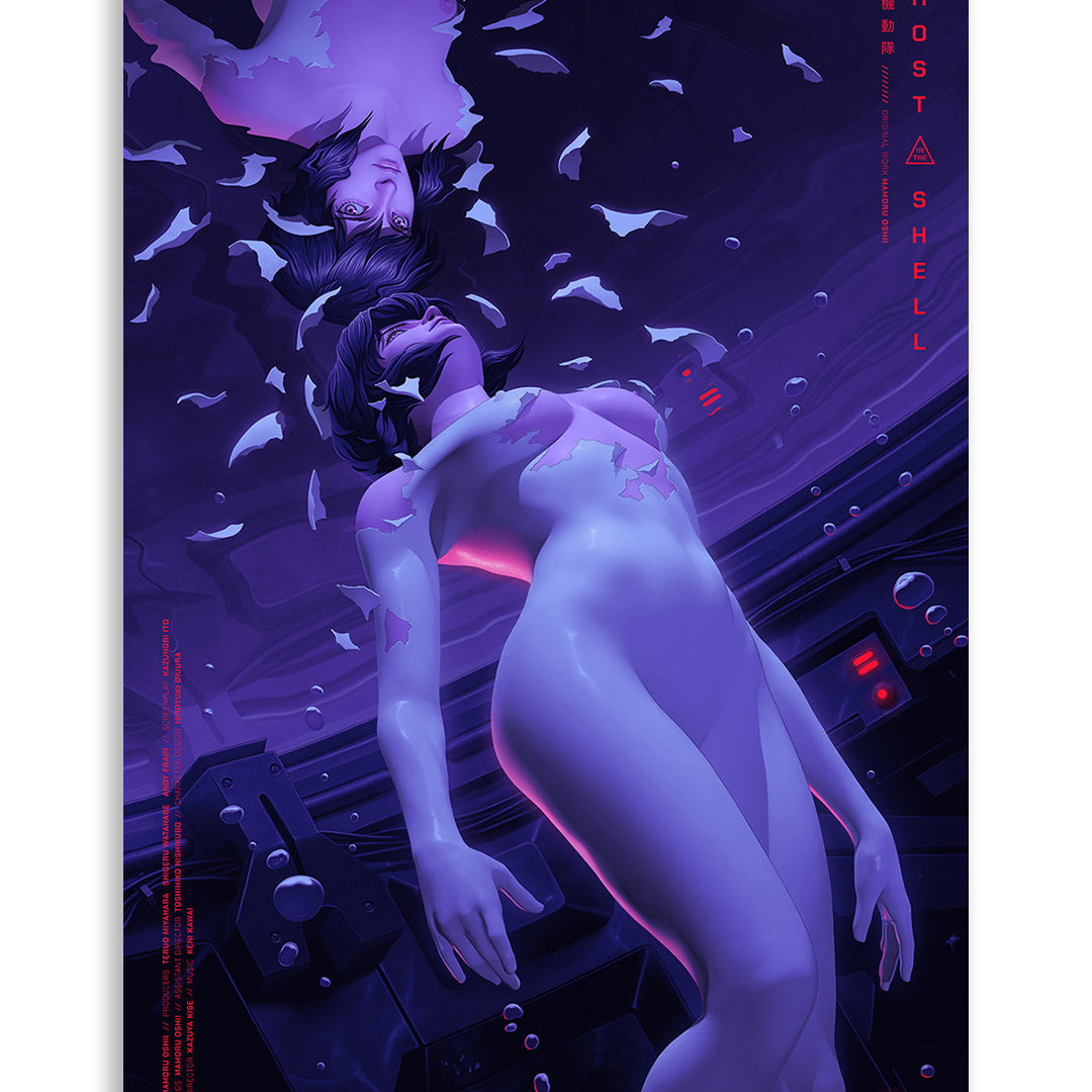 A digital illustration inspired by Ghost in the Shell features two human-like figures in shades of purple, surrounded by floating shards, with bubbles and dark technology in the background. Reminiscent of a Rory Kurtz screen print, the design is accented by Ghost in the Shell text along the right edge.