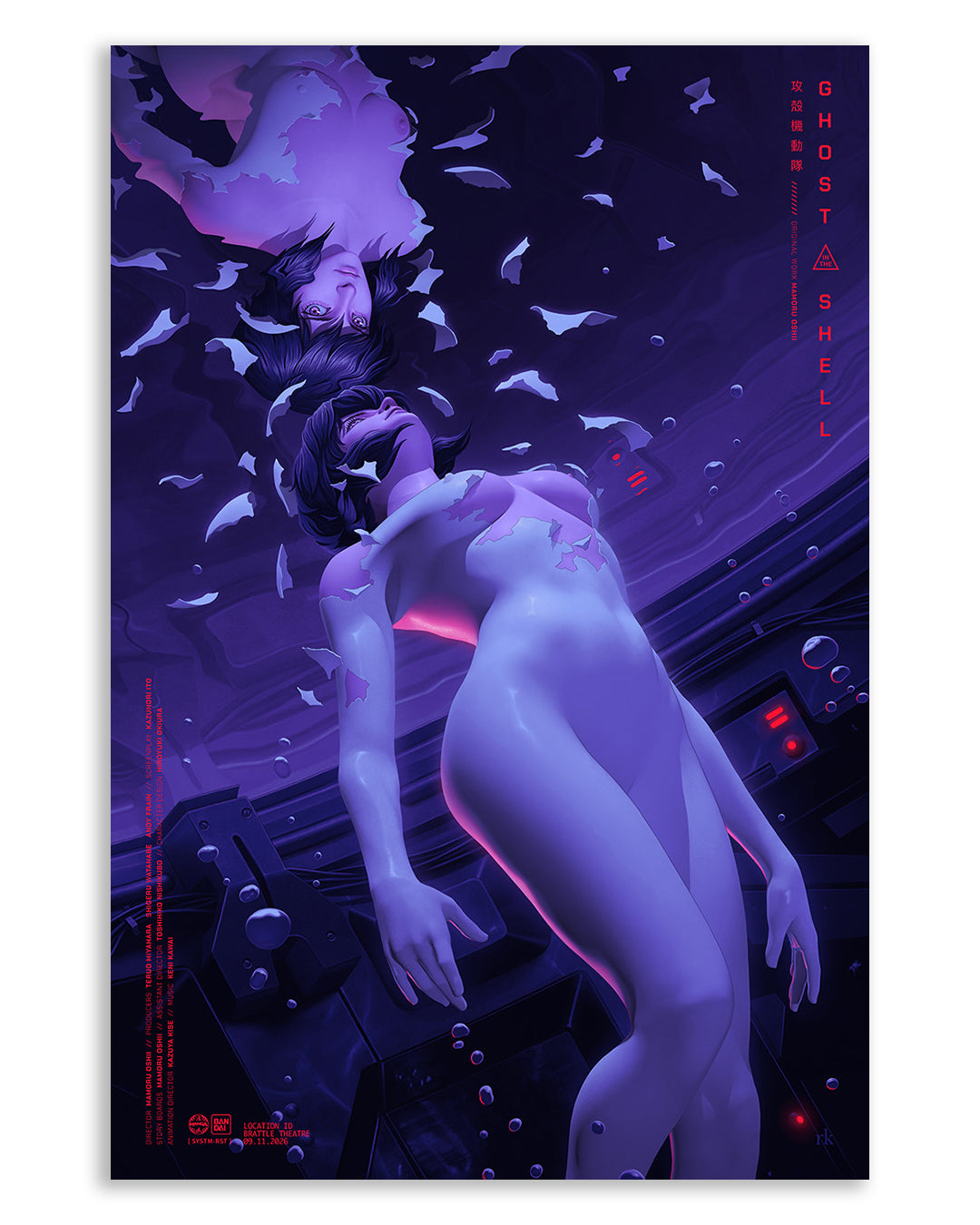 A digital illustration inspired by Ghost in the Shell features two human-like figures in shades of purple, surrounded by floating shards, with bubbles and dark technology in the background. Reminiscent of a Rory Kurtz screen print, the design is accented by Ghost in the Shell text along the right edge.